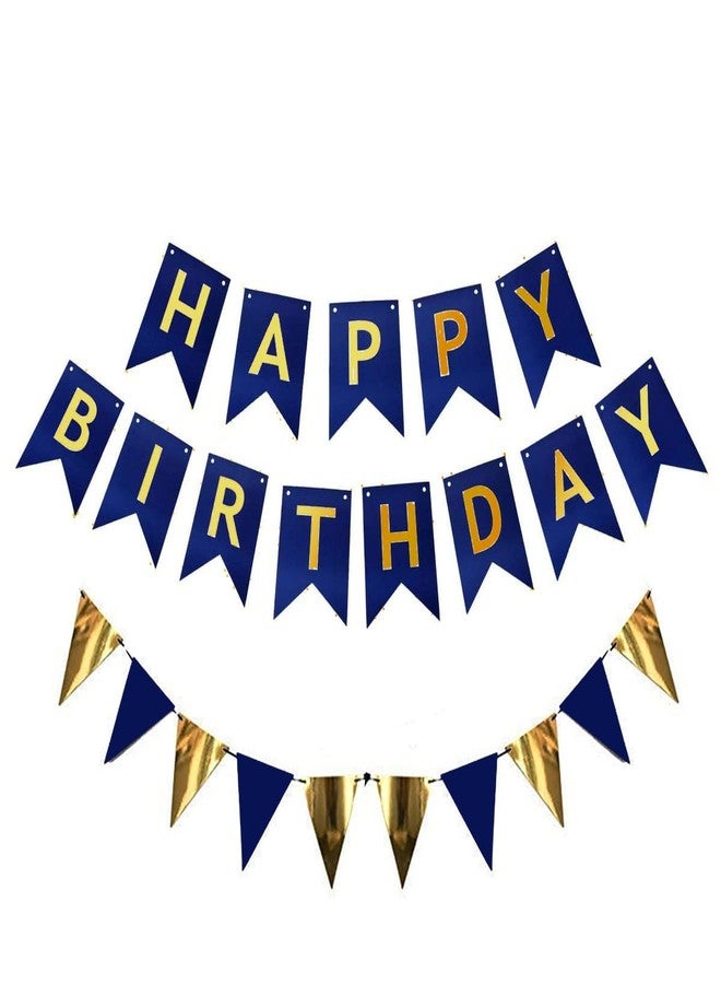 PICKKART Happy Birthday Banner Set, Black and Gold Party Decoration with Triangle Bunting Flags (Navy Blue-Gold) - Image 1